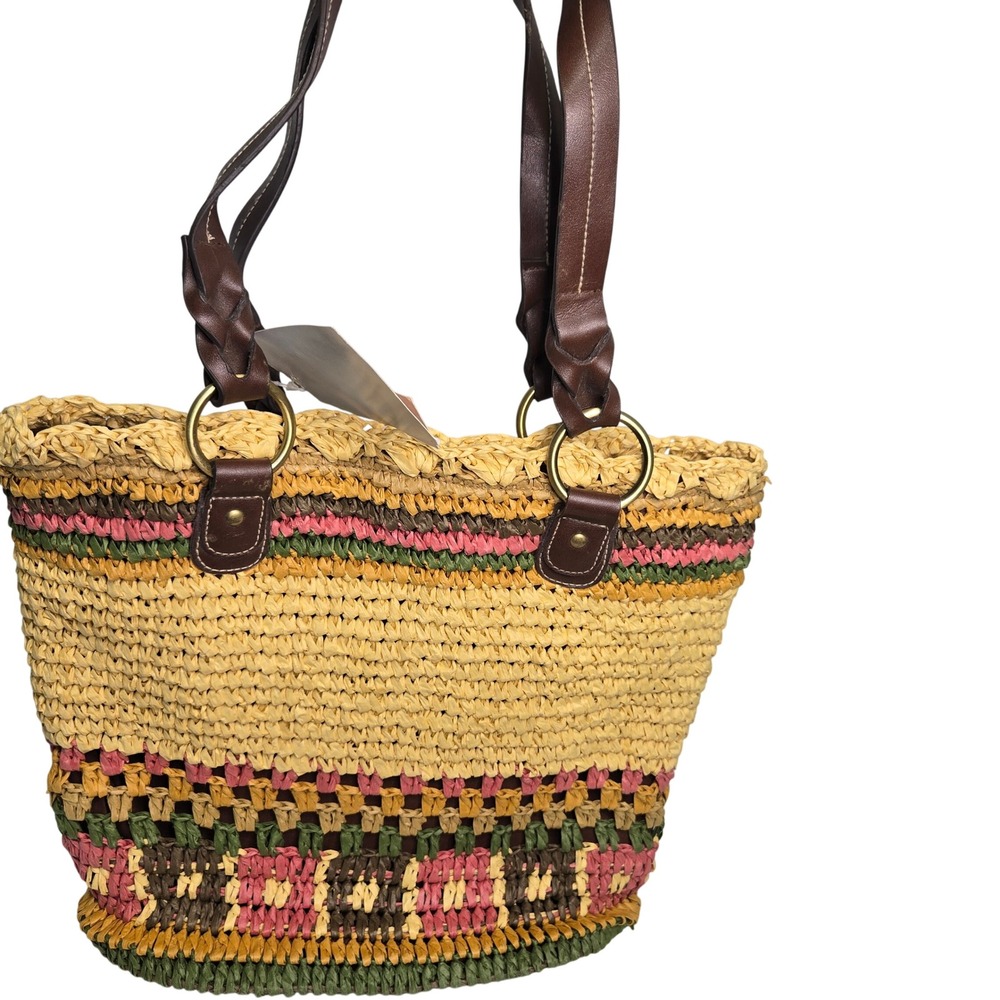 Rosetti Bohemian Sunrise Woven Straw Tote Bag Multi Color Striped Wheat Pink NEW